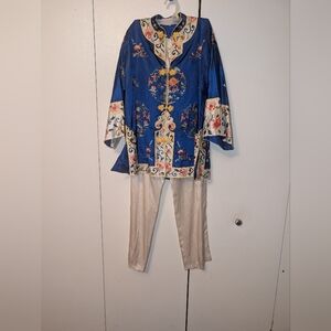 Vintage Bai Hua Silk Pants Jacket Suit Size Medium Floral Silk Embroidered China